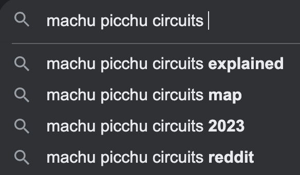 google autocomplete search lists "machu picchu circuits explained" and "machu picchu circuits reddit" among the top four suggestions